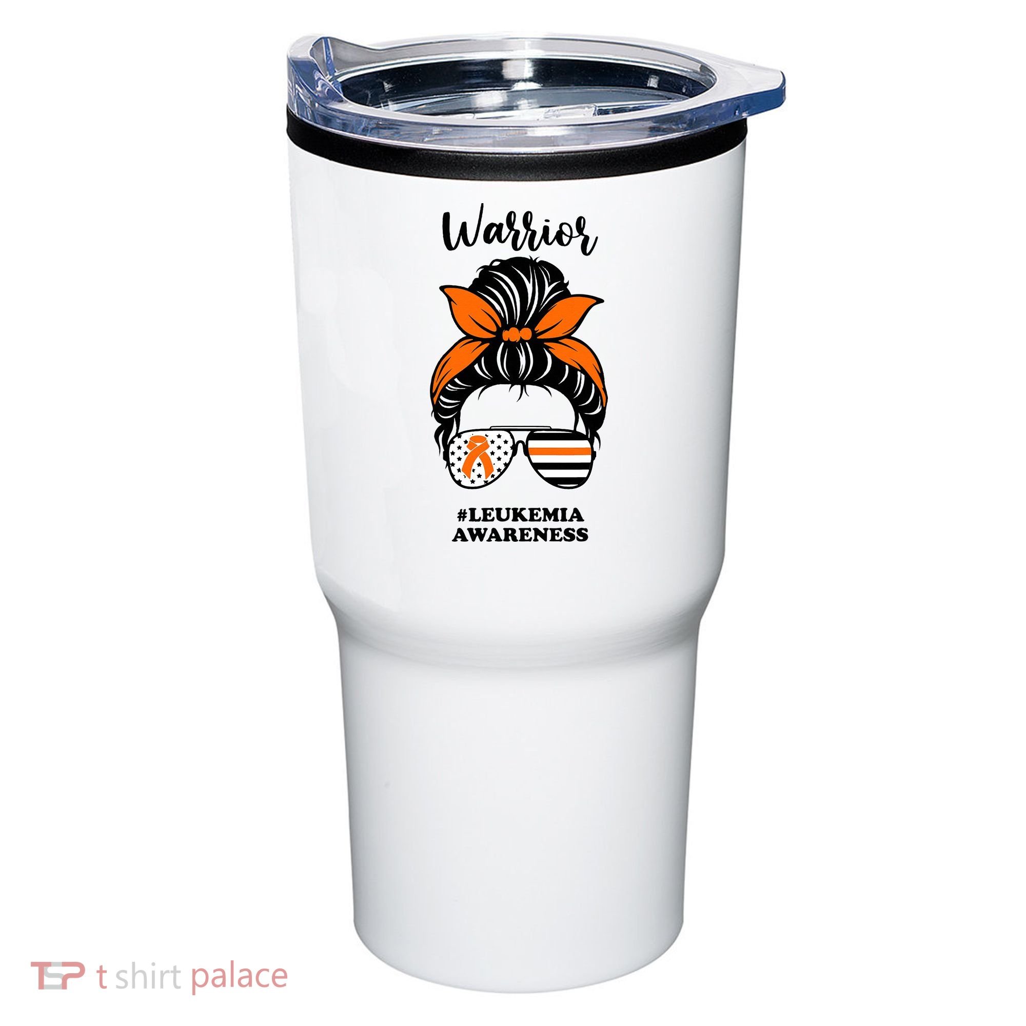 Warrior Leukemia Awareness Orange Ribbon Messy Bun Tumbler