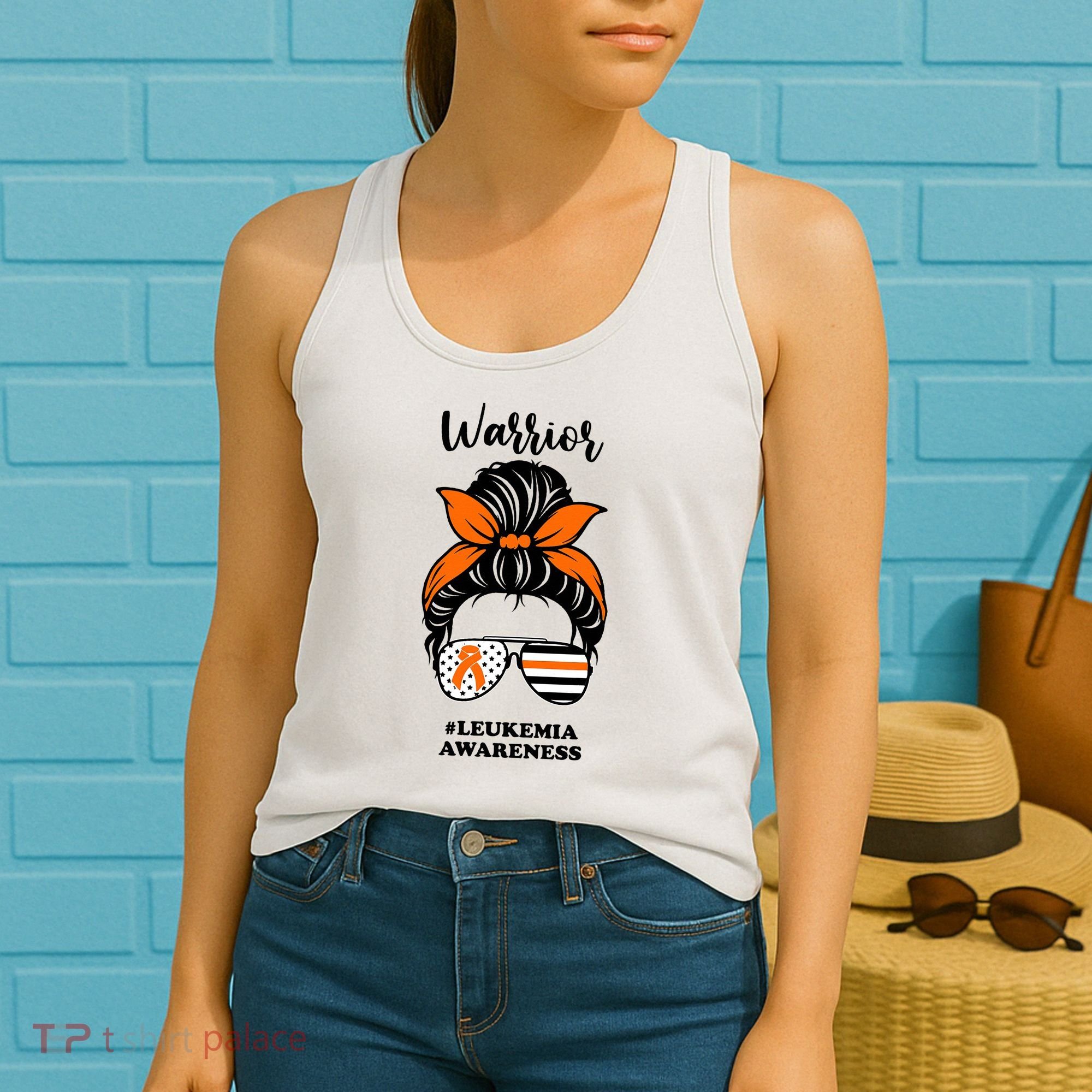 Warrior Leukemia Awareness Orange Ribbon Messy Bun Women's Tank Top