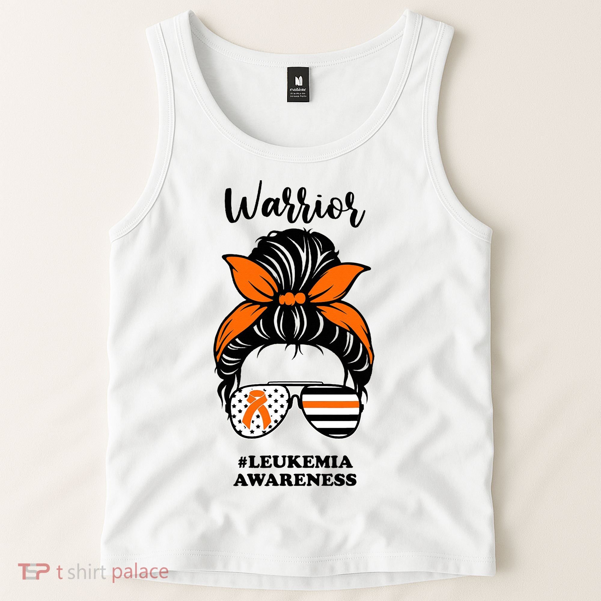 Warrior Leukemia Awareness Orange Ribbon Messy Bun Tank Top