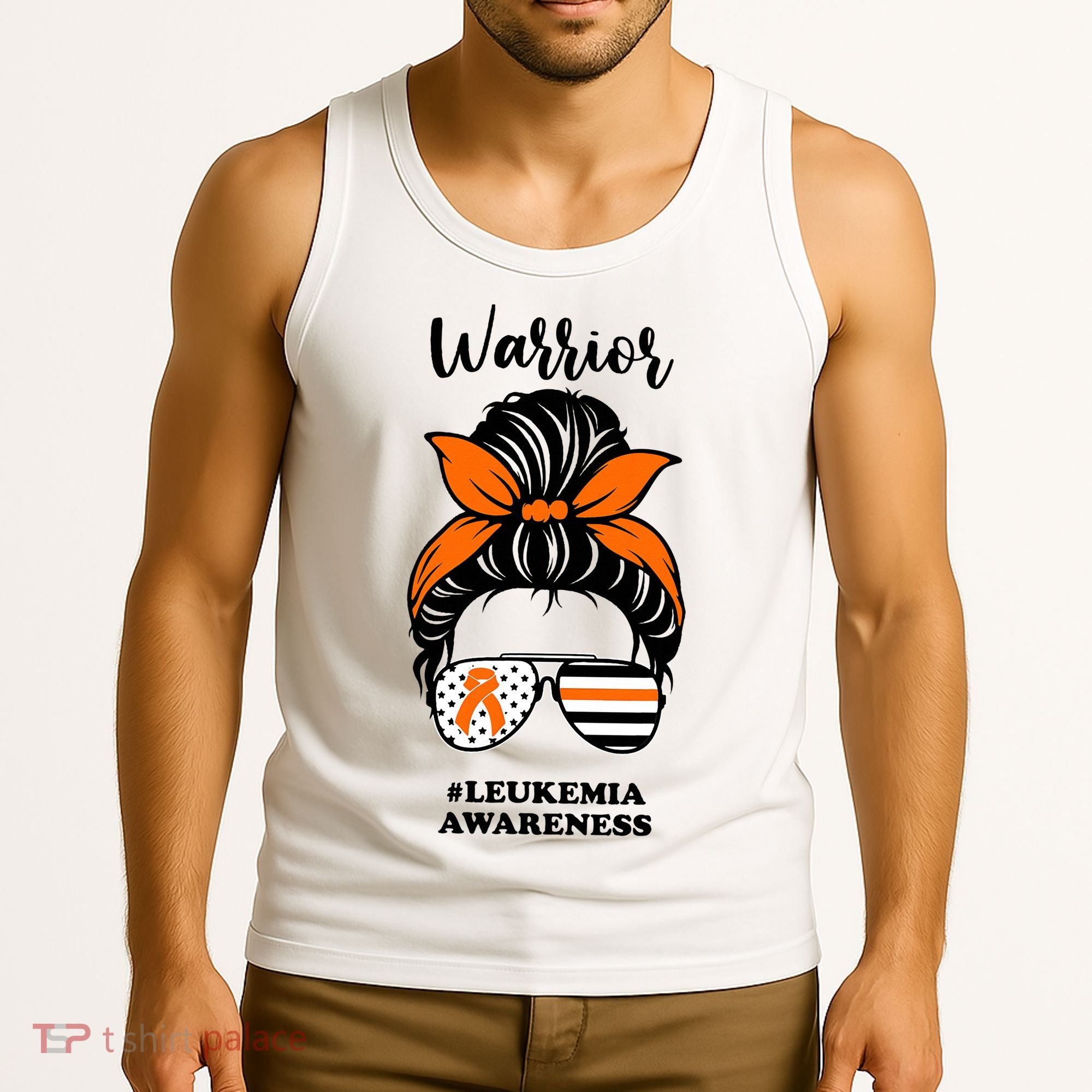 Warrior Leukemia Awareness Orange Ribbon Messy Bun Tank Top