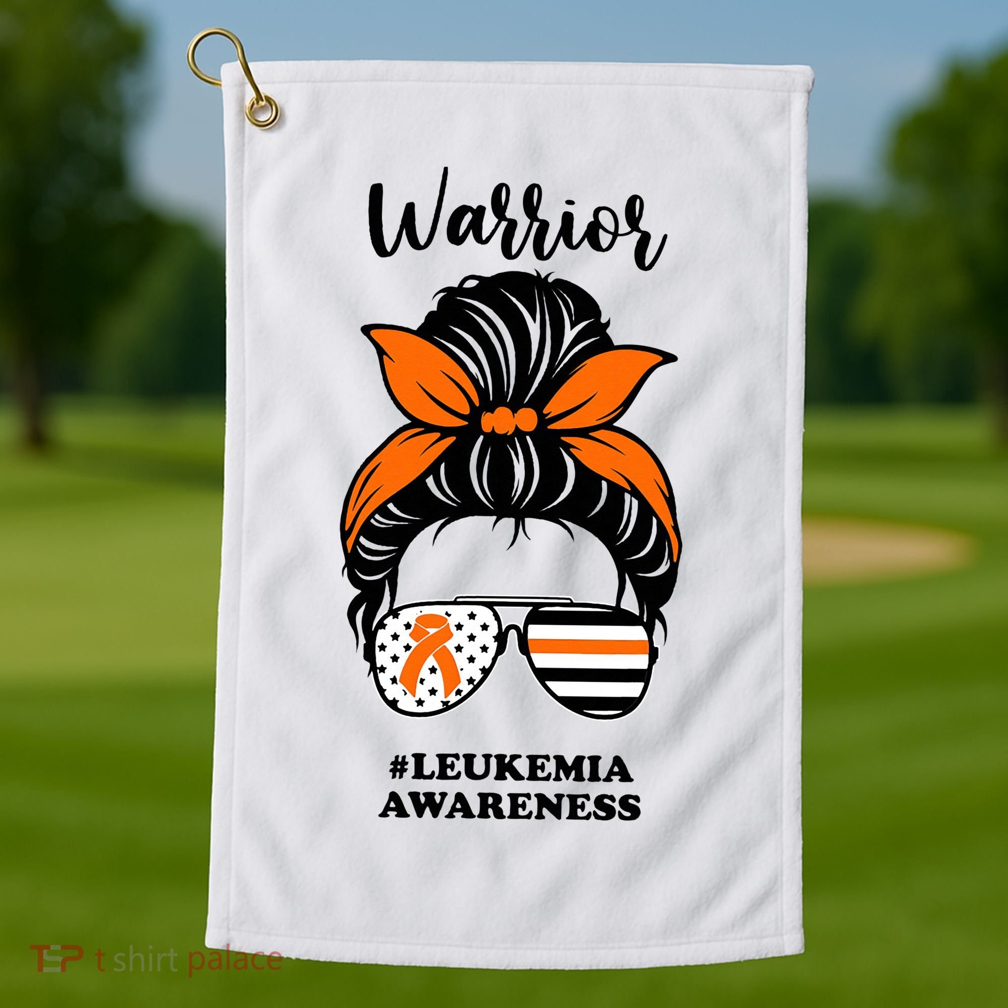 Warrior Leukemia Awareness Orange Ribbon Messy Bun Golf Towel