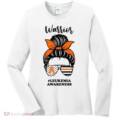 Warrior Leukemia Awareness Orange Ribbon Messy Bun Women's Long Sleeve Shirt