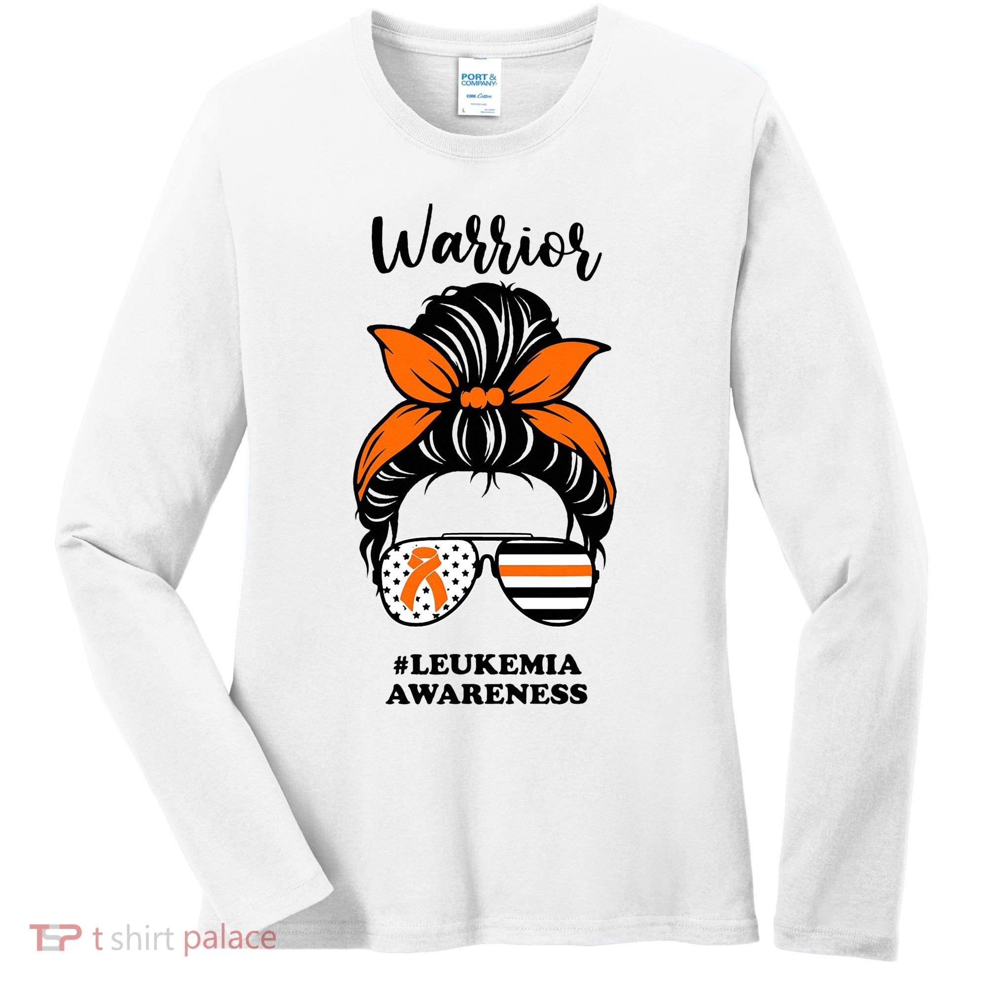 Warrior Leukemia Awareness Orange Ribbon Messy Bun Women's Long Sleeve Shirt