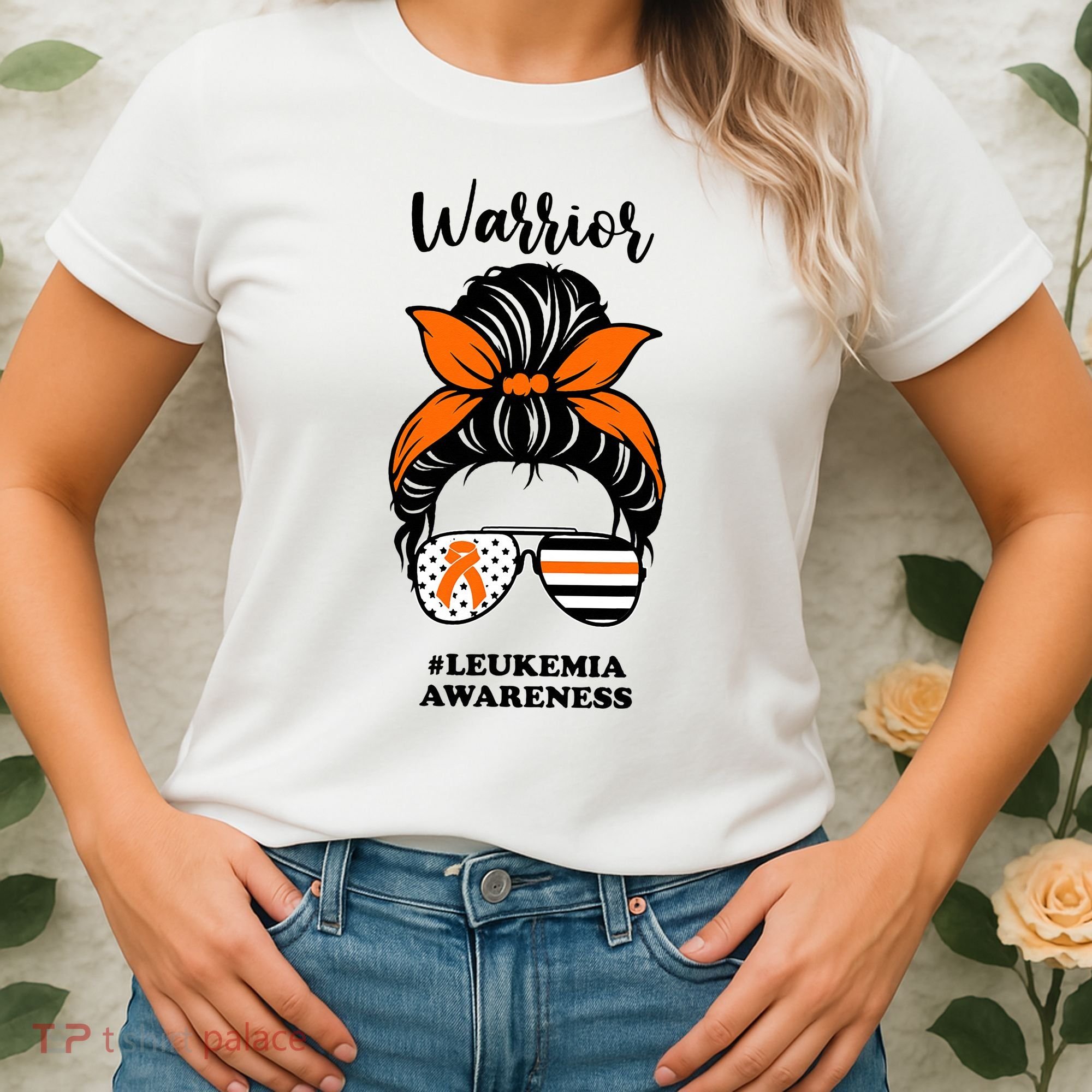 Warrior Leukemia Awareness Orange Ribbon Messy Bun Women's T-Shirt
