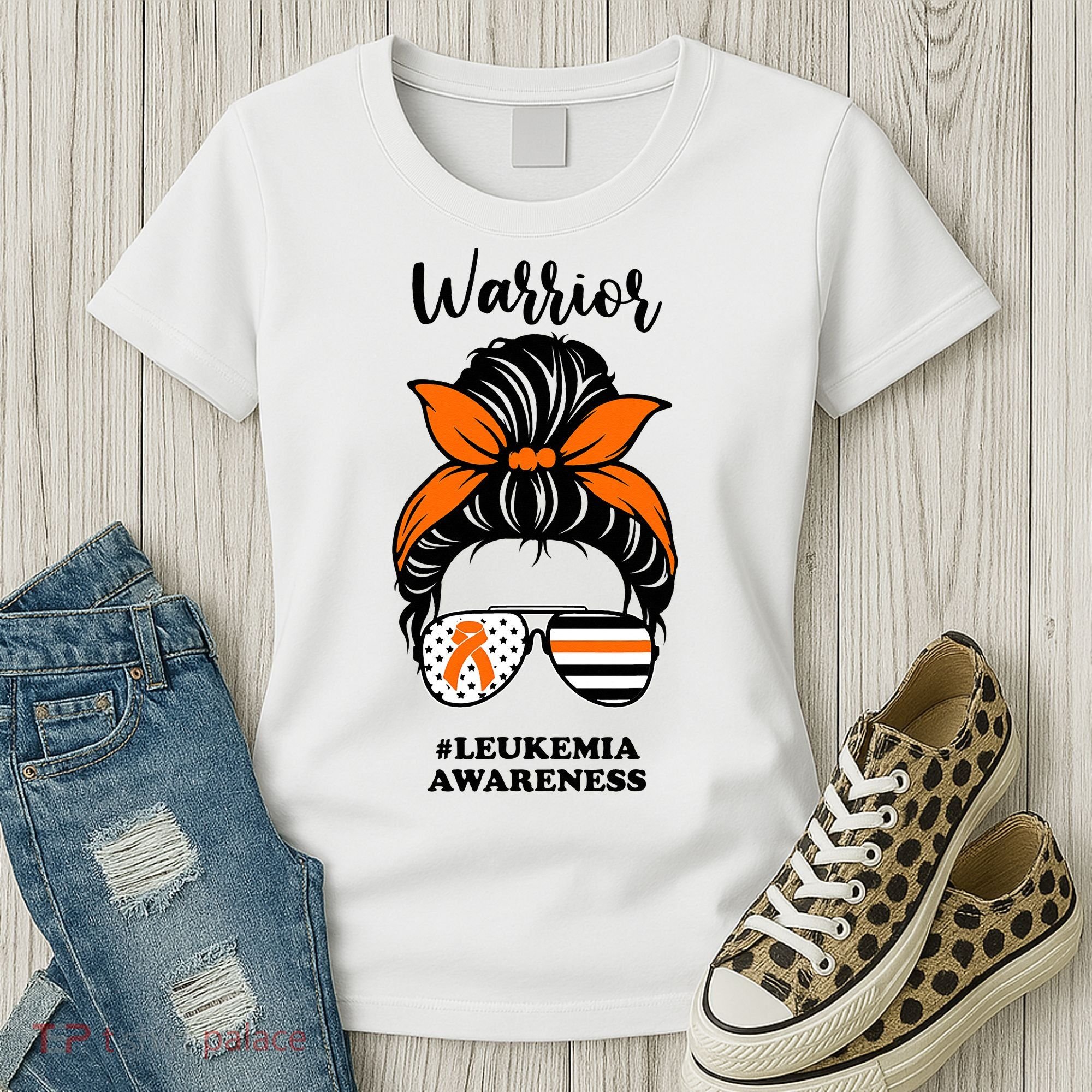 Warrior Leukemia Awareness Orange Ribbon Messy Bun Women's T-Shirt