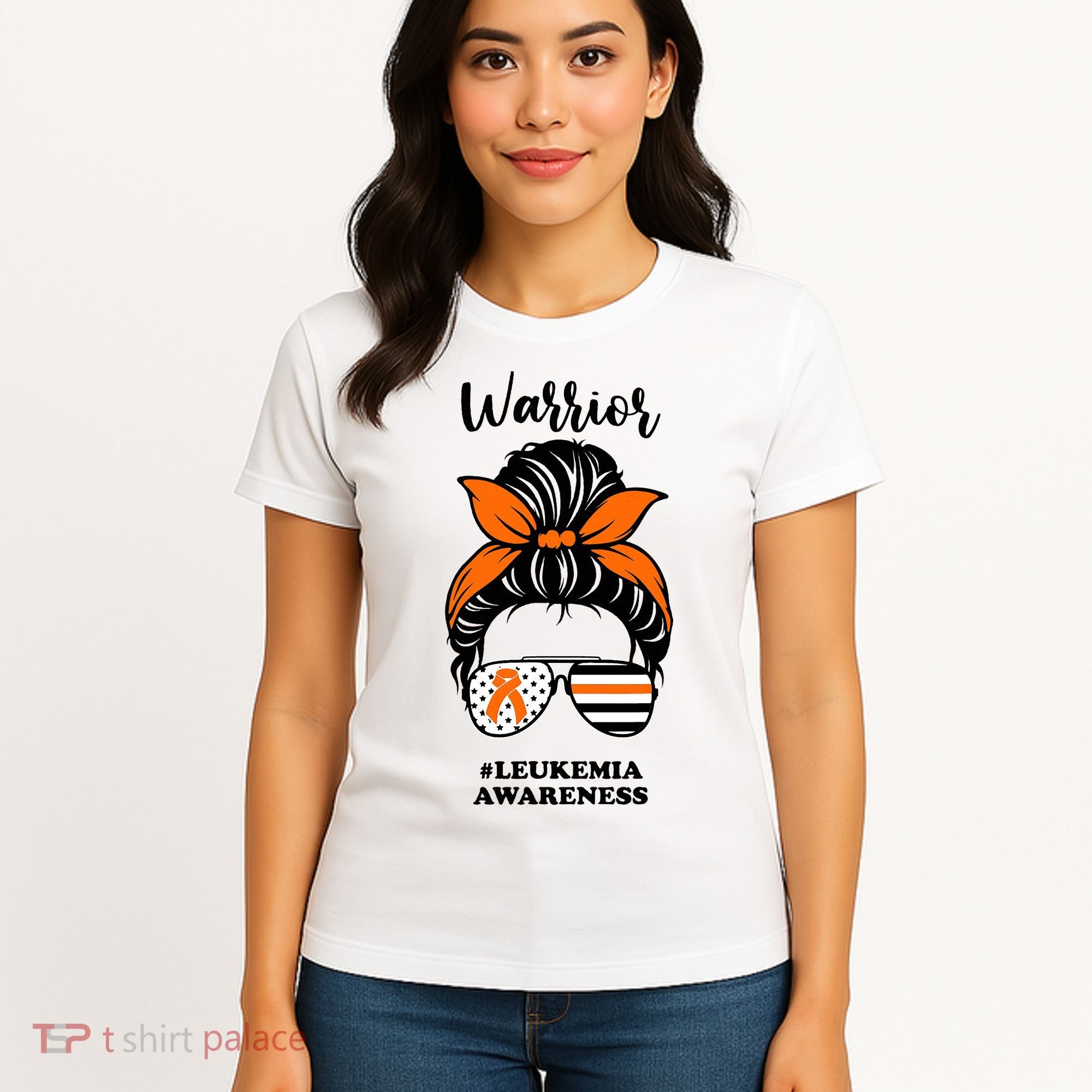 Warrior Leukemia Awareness Orange Ribbon Messy Bun Women's T-Shirt