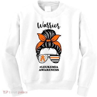 Warrior Leukemia Awareness Orange Ribbon Messy Bun Kids Sweatshirt