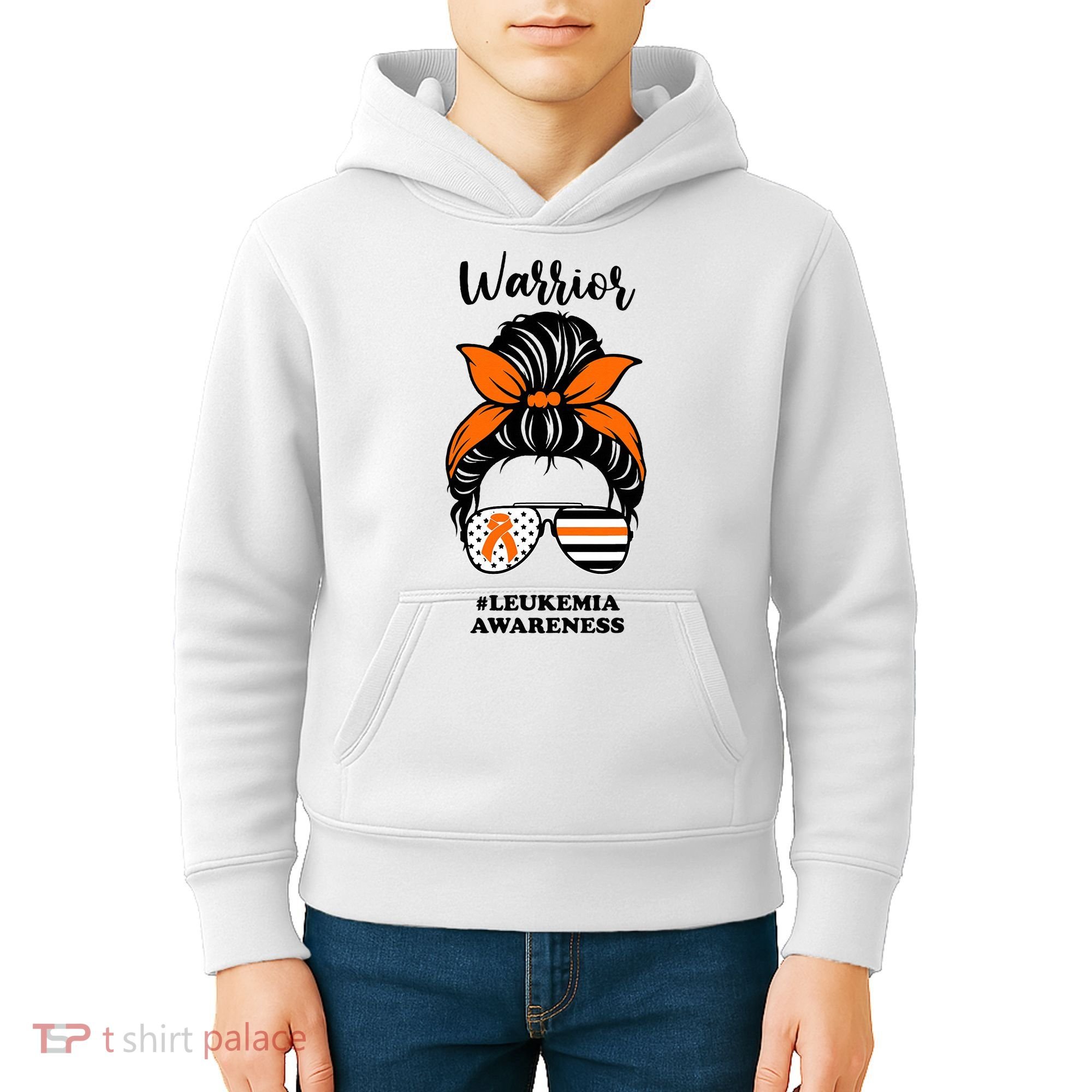 Warrior Leukemia Awareness Orange Ribbon Messy Bun Kids Hoodie