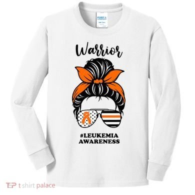 Warrior Leukemia Awareness Orange Ribbon Messy Bun Kids Long Sleeve Shirt