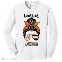 Warrior Leukemia Awareness Orange Ribbon Messy Bun Kids Long Sleeve Shirt thumb 0