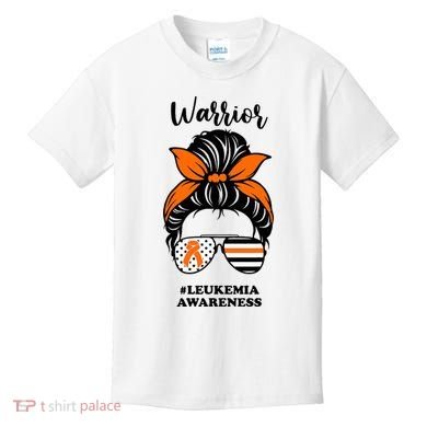 Warrior Leukemia Awareness Orange Ribbon Messy Bun Kids T-Shirt