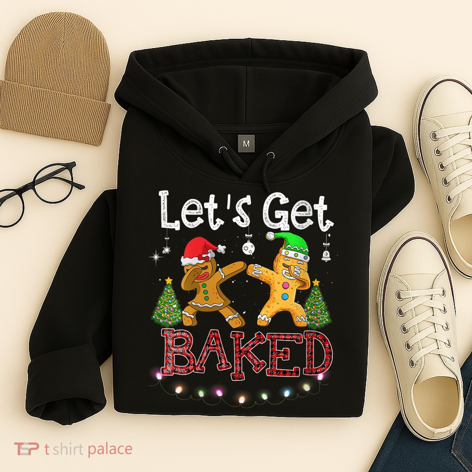 Wo Let's Get Baked Cookie Baking Gingerbread Plaid Christmas Hoodie