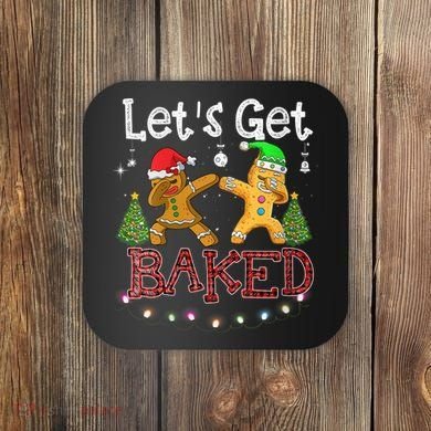 Wo Let's Get Baked Cookie Baking Gingerbread Plaid Christmas Coaster