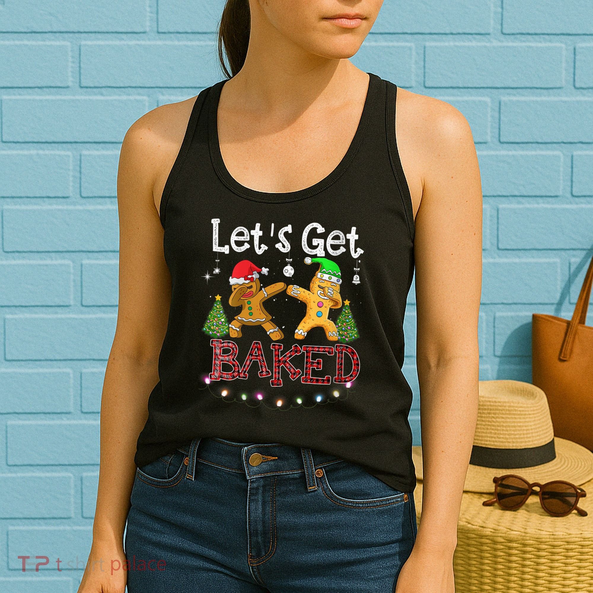 Wo Let's Get Baked Cookie Baking Gingerbread Plaid Christmas Women's Tank Top