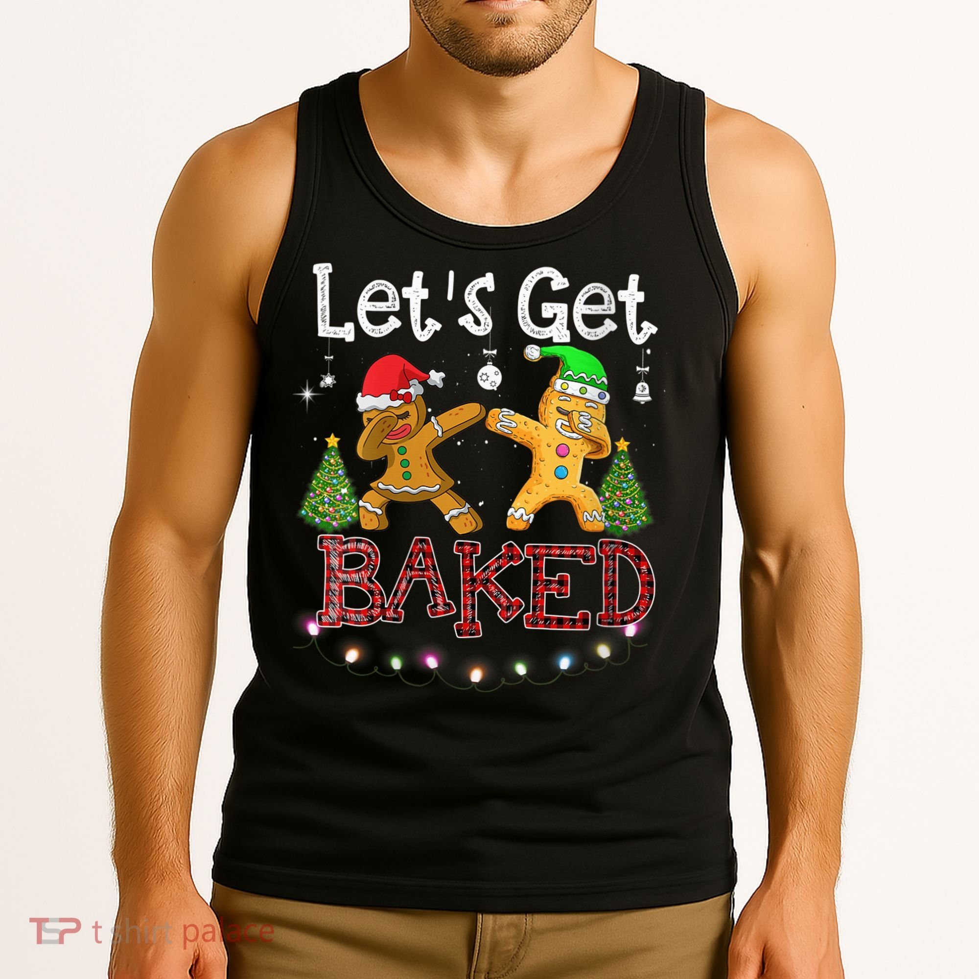 Wo Let's Get Baked Cookie Baking Gingerbread Plaid Christmas Tank Top