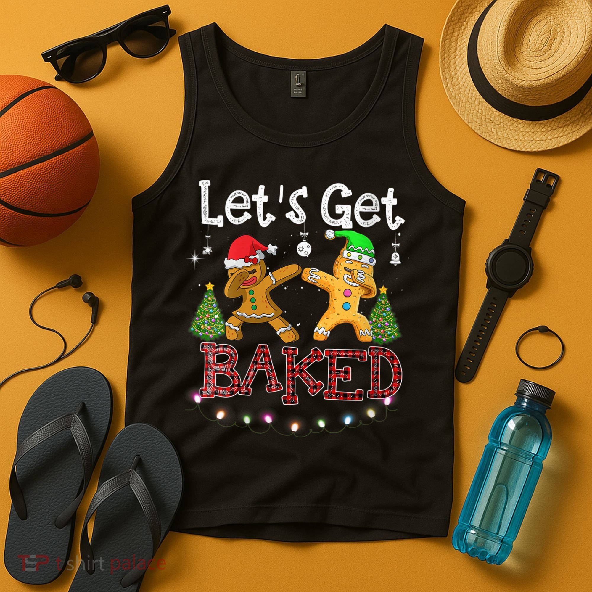Wo Let's Get Baked Cookie Baking Gingerbread Plaid Christmas Tank Top