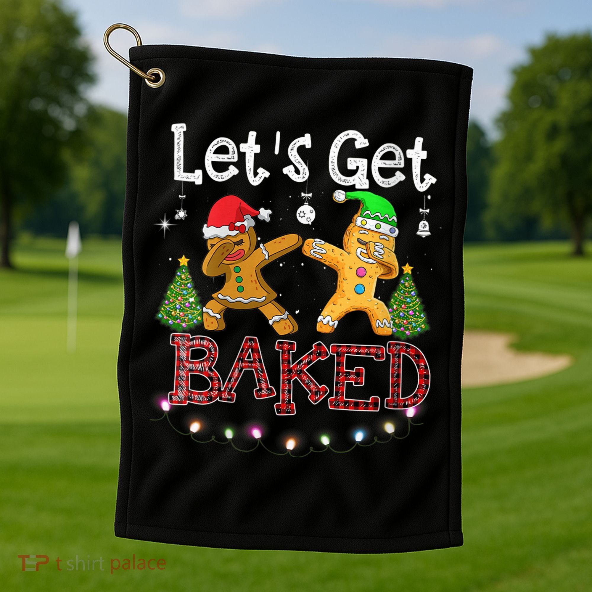 Wo Let's Get Baked Cookie Baking Gingerbread Plaid Christmas Golf Towel