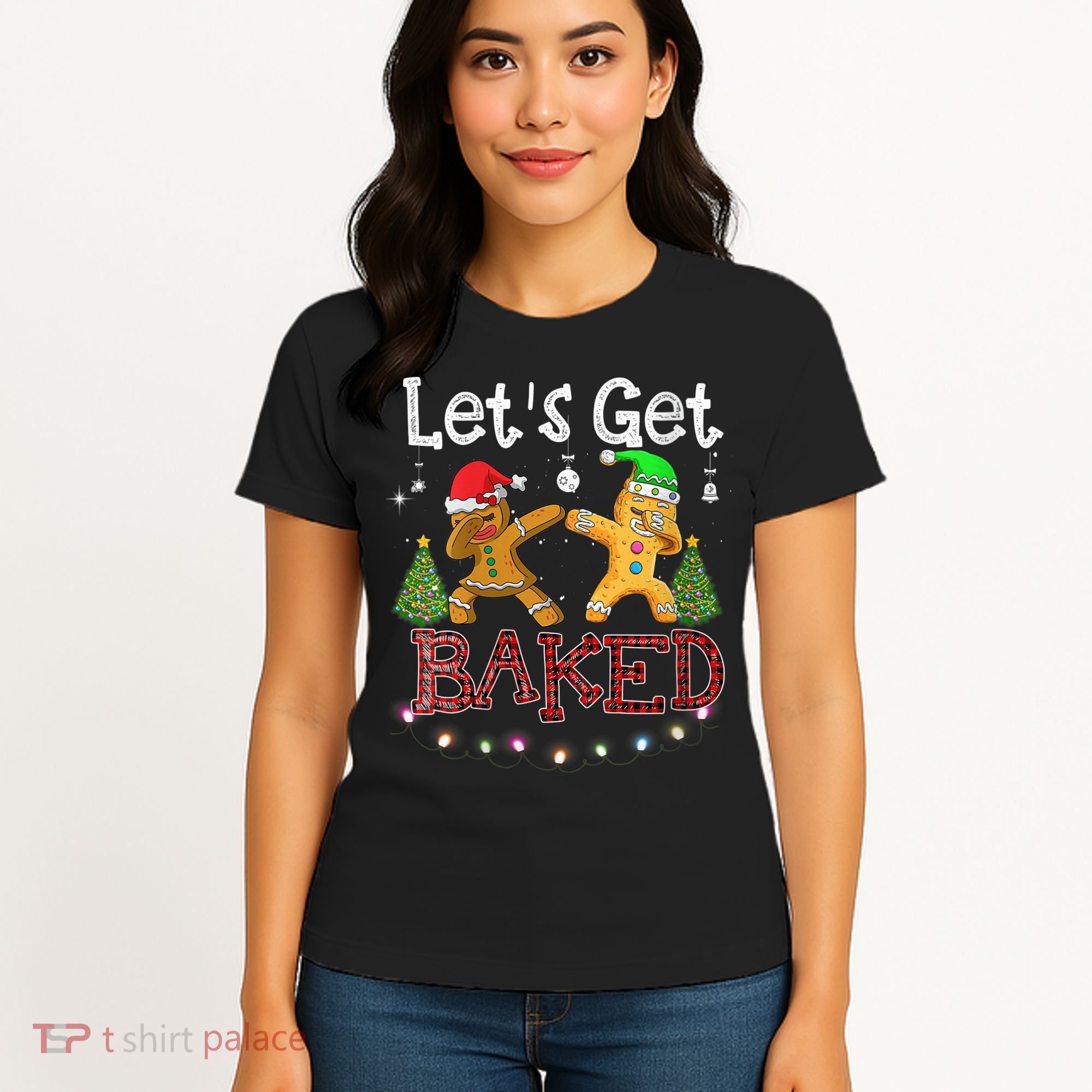 Wo Let's Get Baked Cookie Baking Gingerbread Plaid Christmas Women's T-Shirt