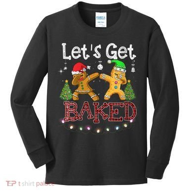 Wo Let's Get Baked Cookie Baking Gingerbread Plaid Christmas Kids Long Sleeve Shirt