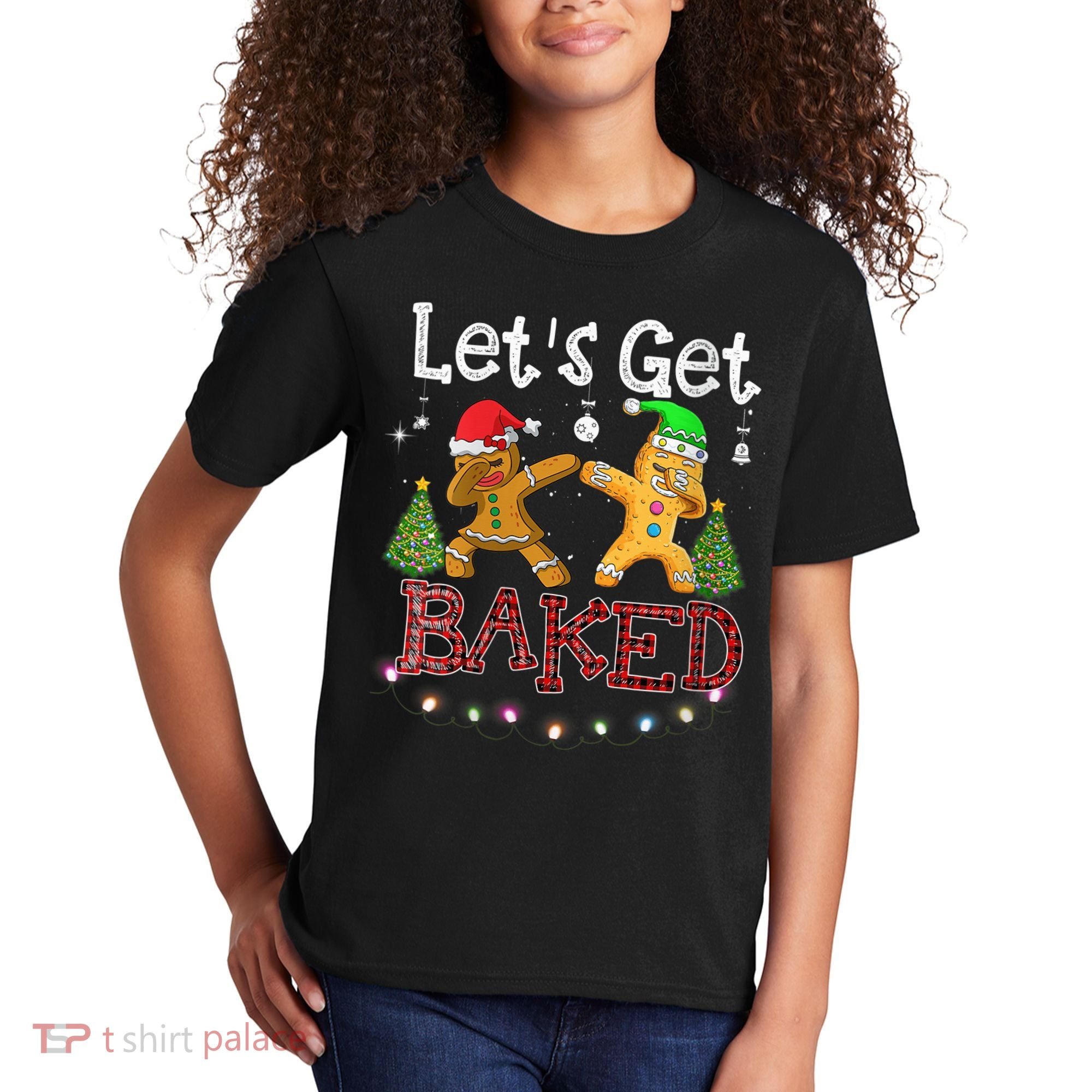 Wo Let's Get Baked Cookie Baking Gingerbread Plaid Christmas Kids T-Shirt