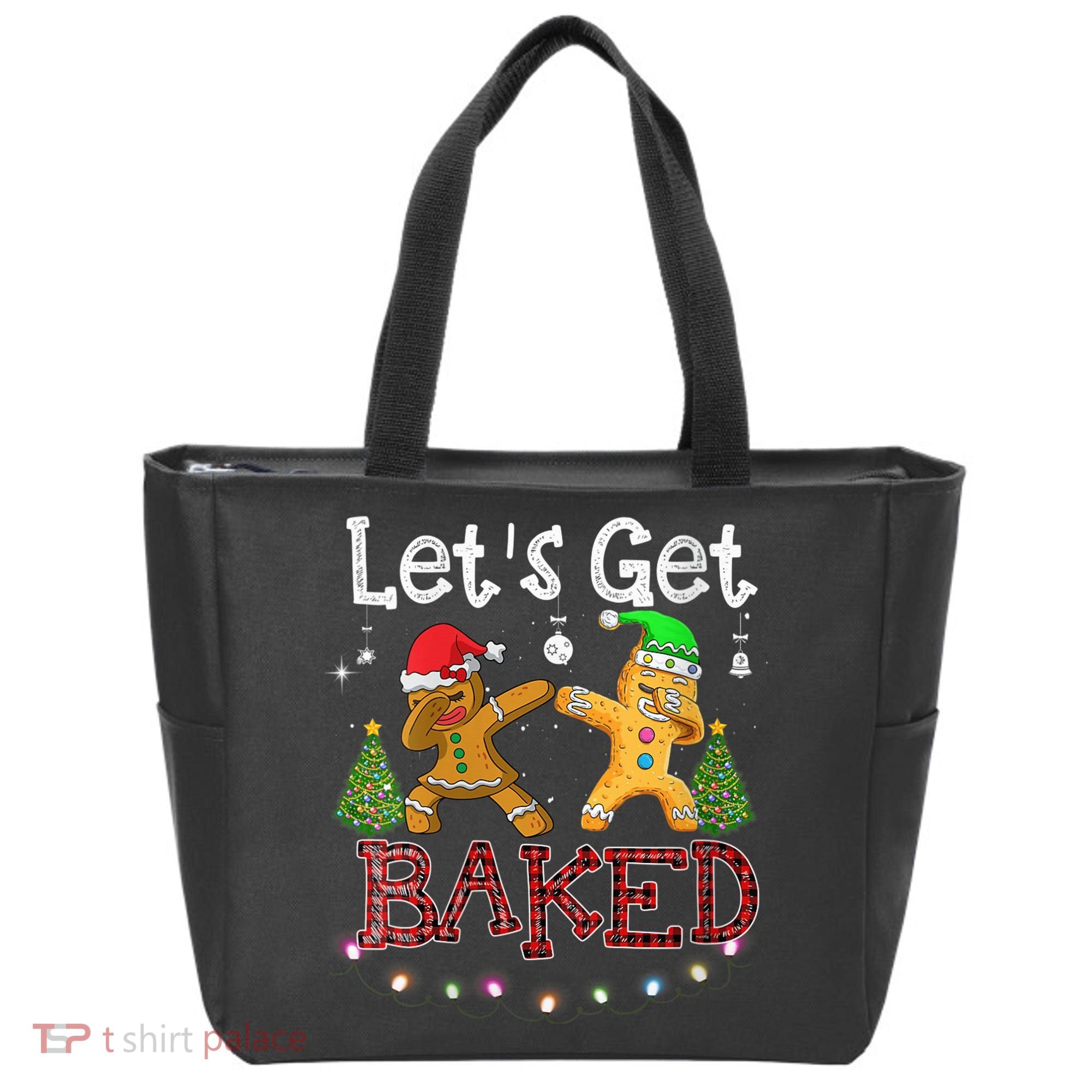 Wo Let's Get Baked Cookie Baking Gingerbread Plaid Christmas Tote Bag