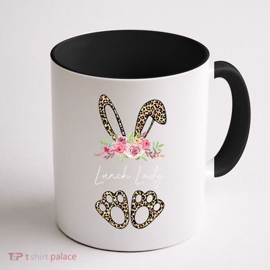Womens Lunch Lady Bunny Leopard Flowers Easter Gifts Coffee Mug back
