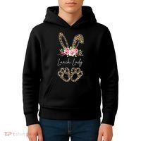 Womens Lunch Lady Bunny Leopard Flowers Easter Gifts Kids Hoodie thumb 4