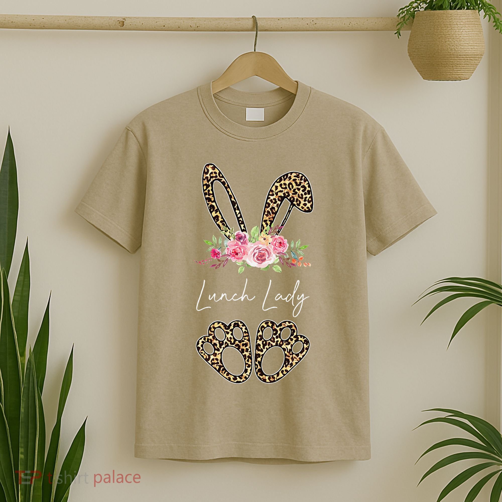 Womens Lunch Lady Bunny Leopard Flowers Easter Gifts T-Shirt