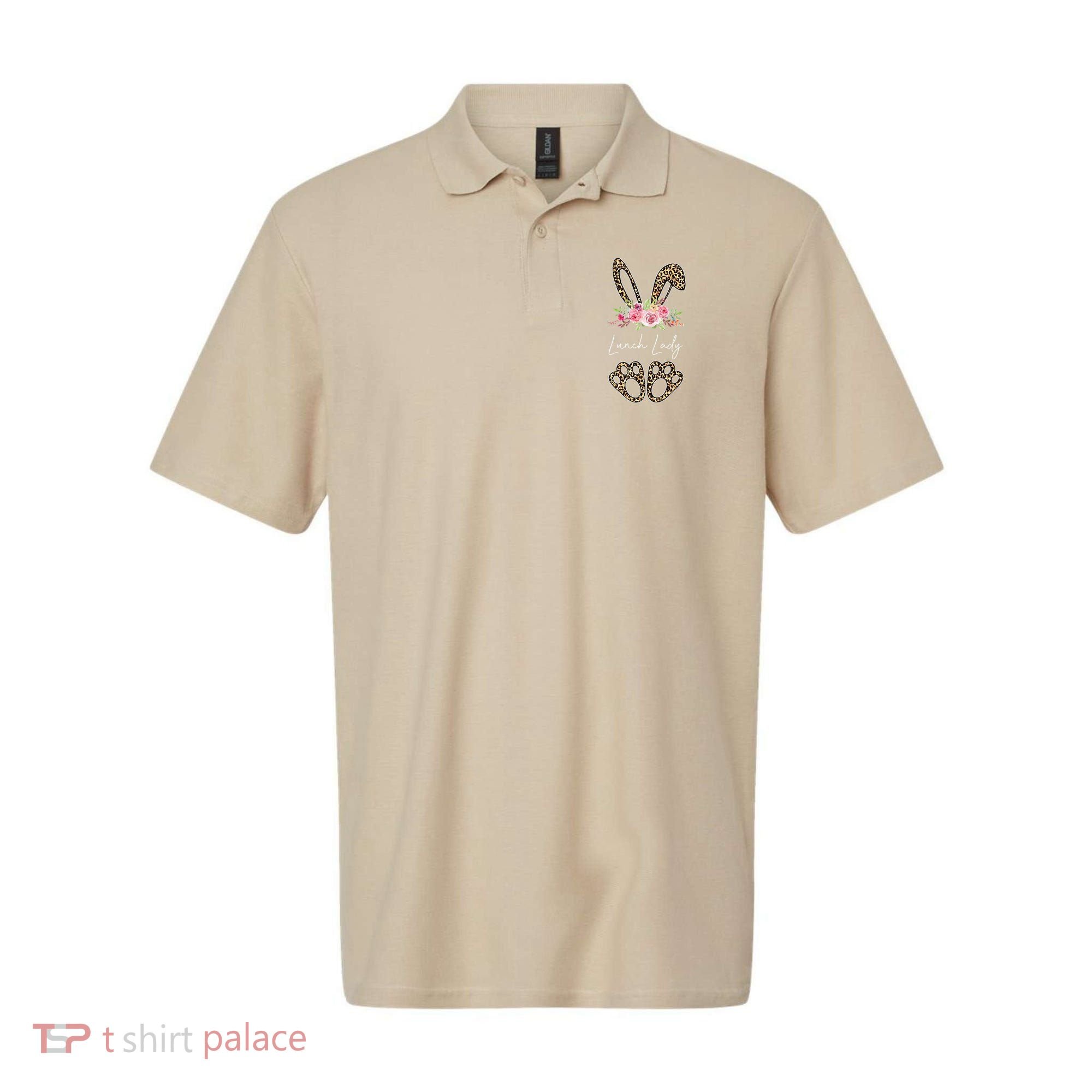 Womens Lunch Lady Bunny Leopard Flowers Easter Gifts Polo