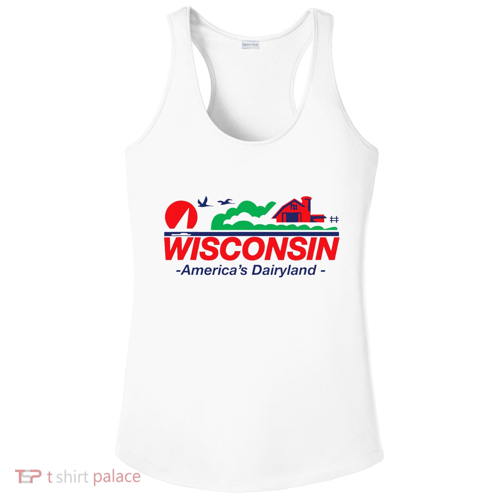 Wisconsin License Plate Americas Dairyland Ladies PosiCharge Competitor Racerback Tank