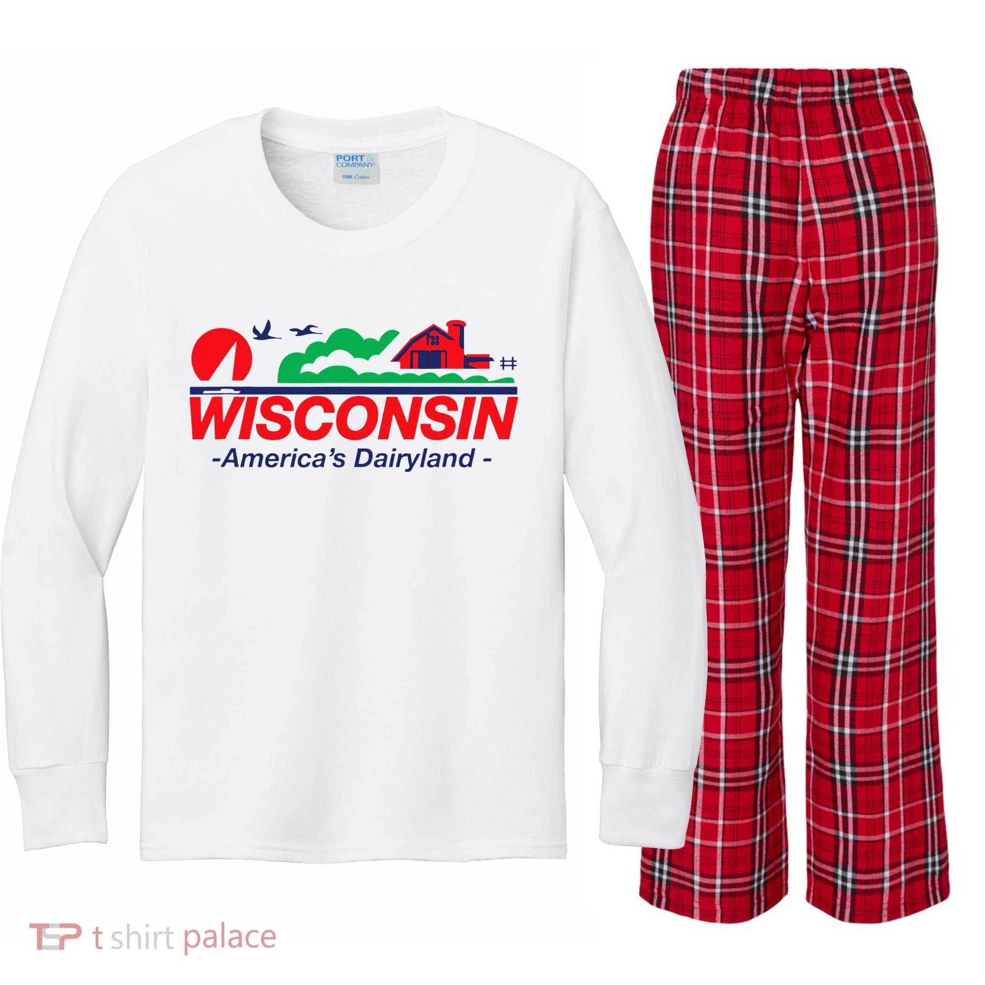 Wisconsin License Plate Americas Dairyland Kids Long Sleeve Plaid Pajama Set