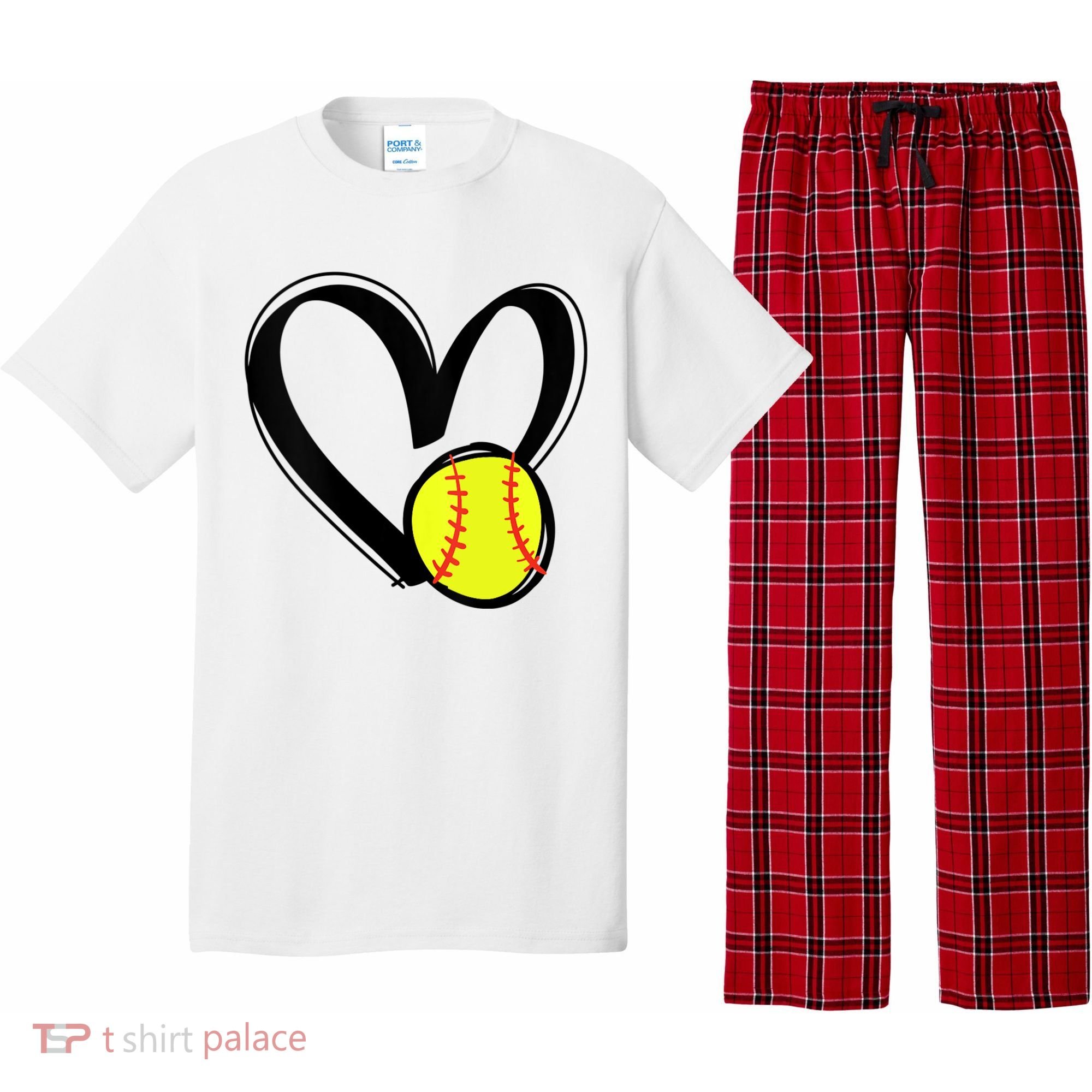 Womens Love Softball Heart Pajama Set