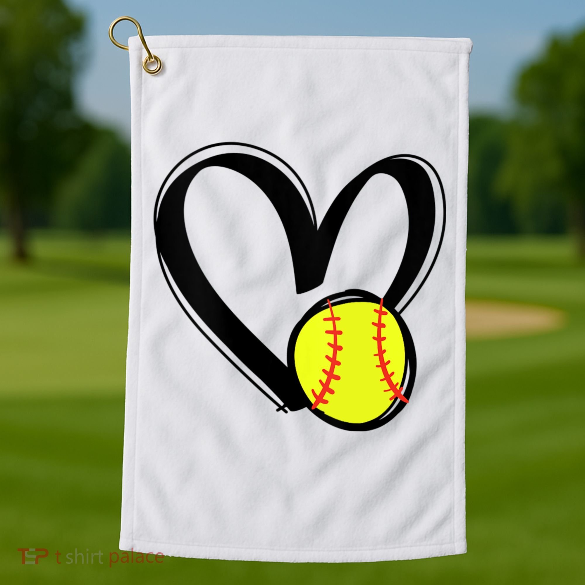 Womens Love Softball Heart Golf Towel
