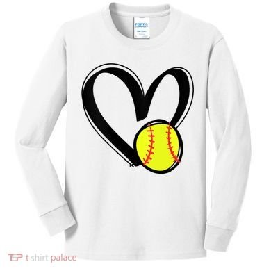 Womens Love Softball Heart Kids Long Sleeve Shirt