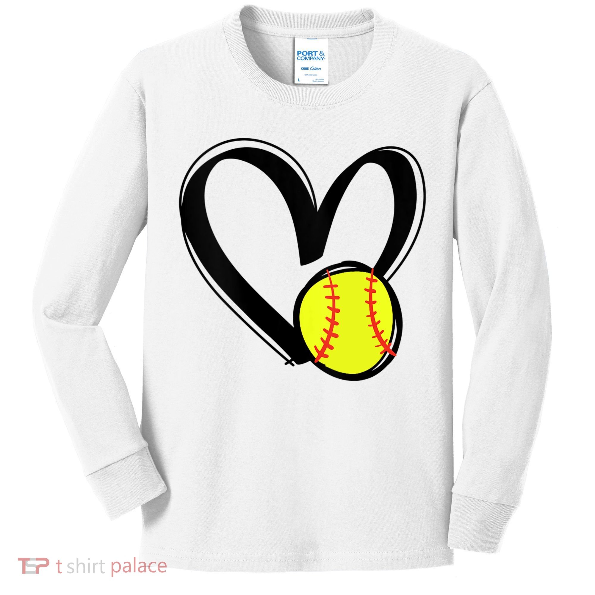 Womens Love Softball Heart Kids Long Sleeve Shirt