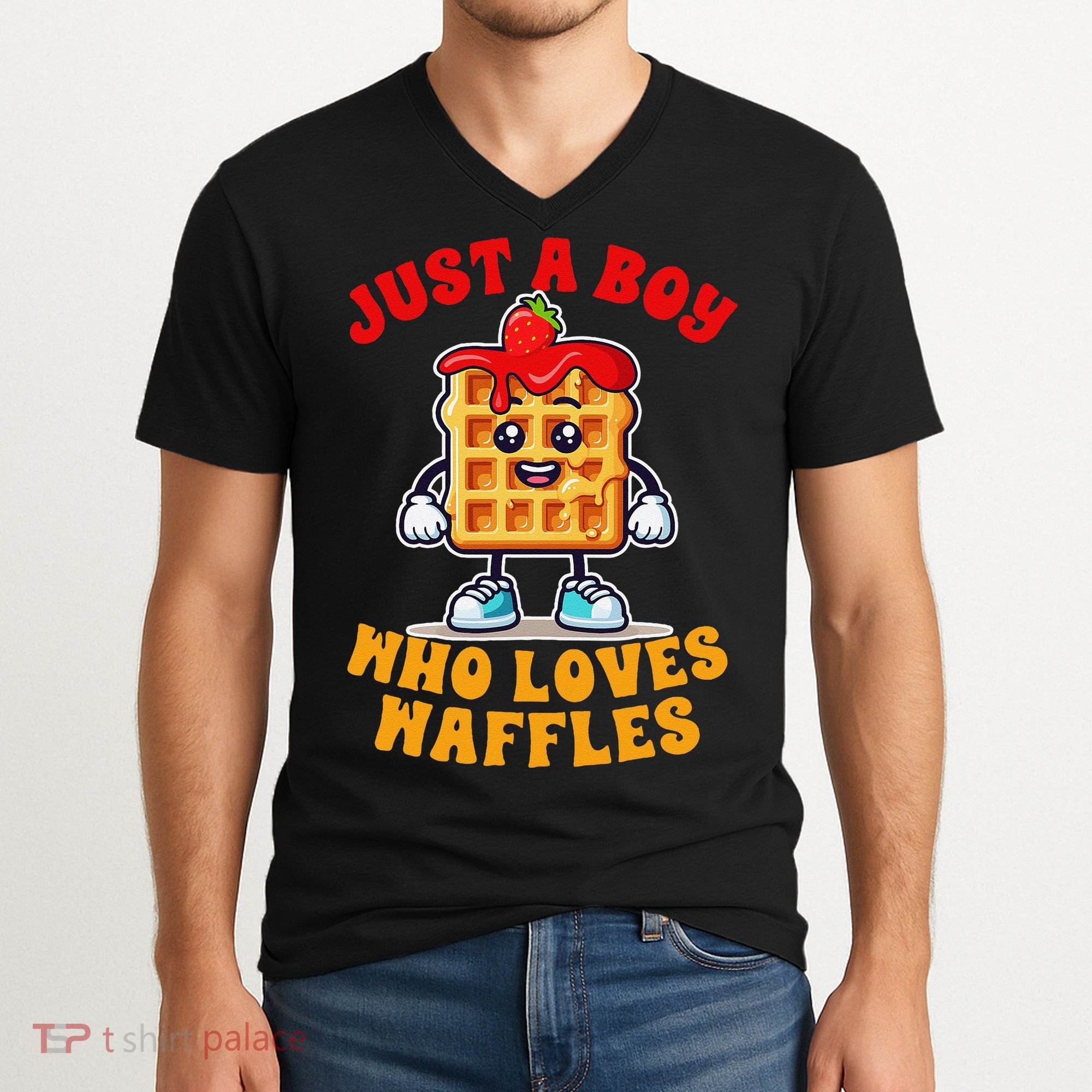 Waffle Lover Waffle Squad Foodie Just A Boy Loves Waffles V-Neck T-Shirt