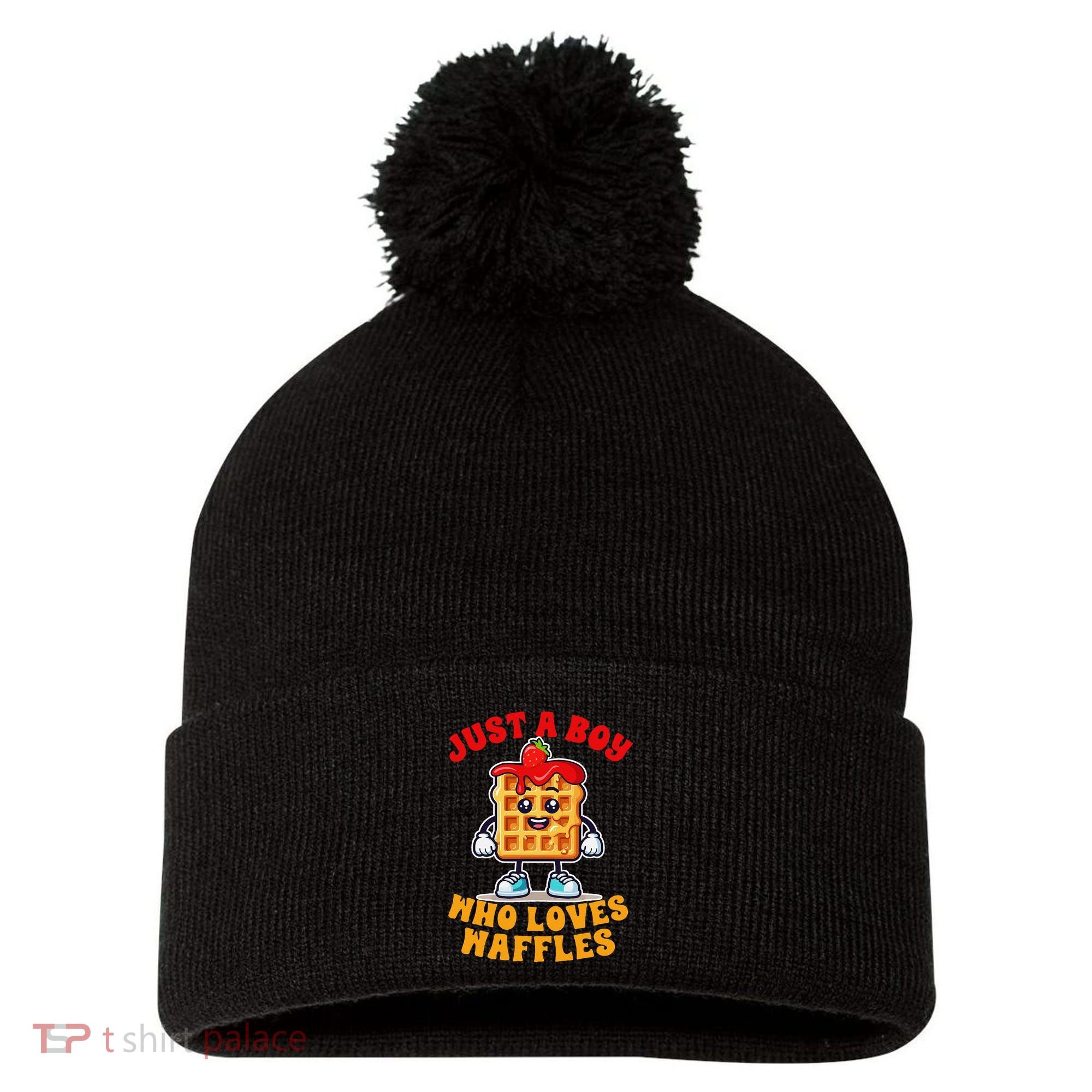 Waffle Lover Waffle Squad Foodie Just A Boy Loves Waffles Pom Pom 12in Knit Beanie