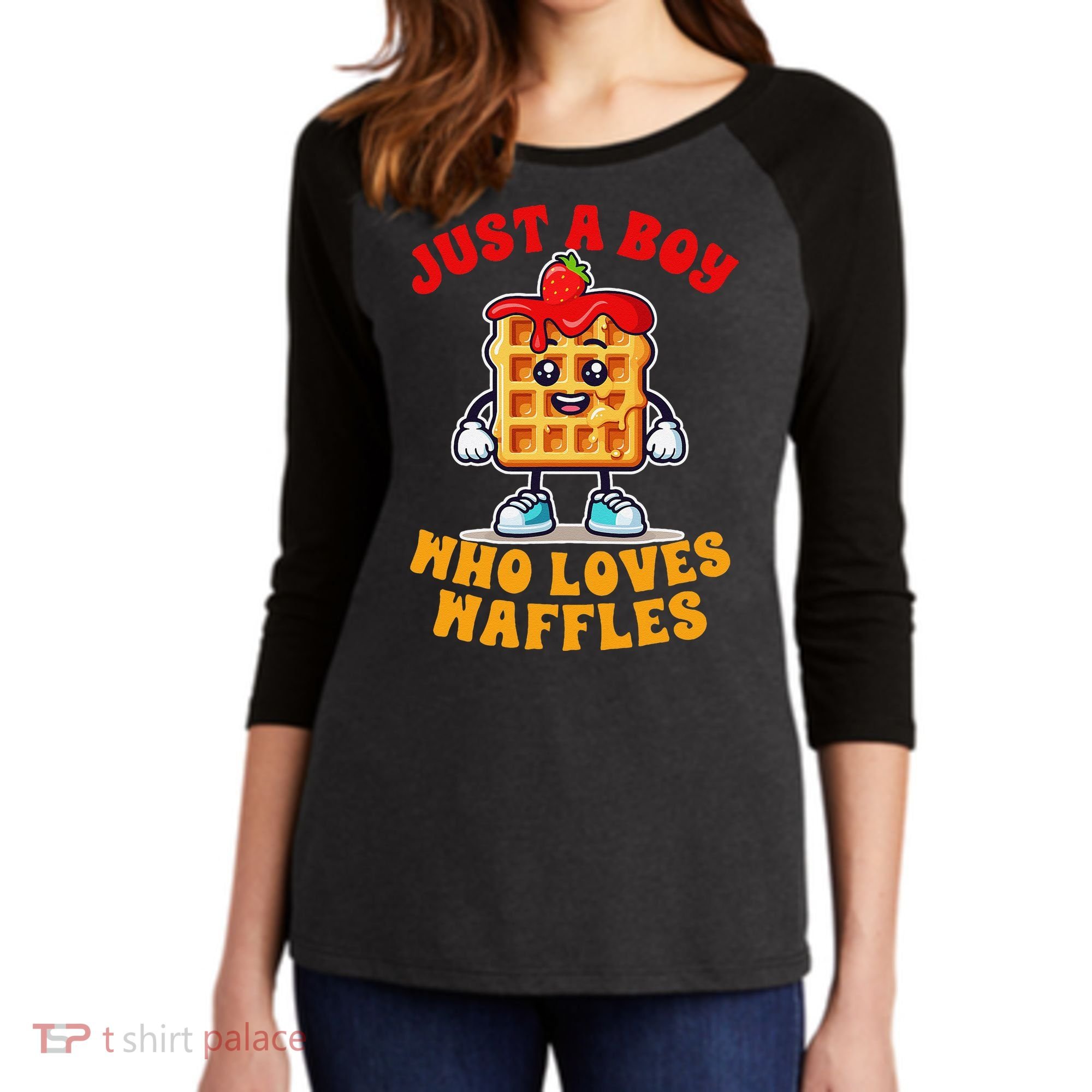 Waffle Lover Waffle Squad Foodie Just A Boy Loves Waffles Women's Tri-Blend 3/4-Sleeve Raglan Shirt