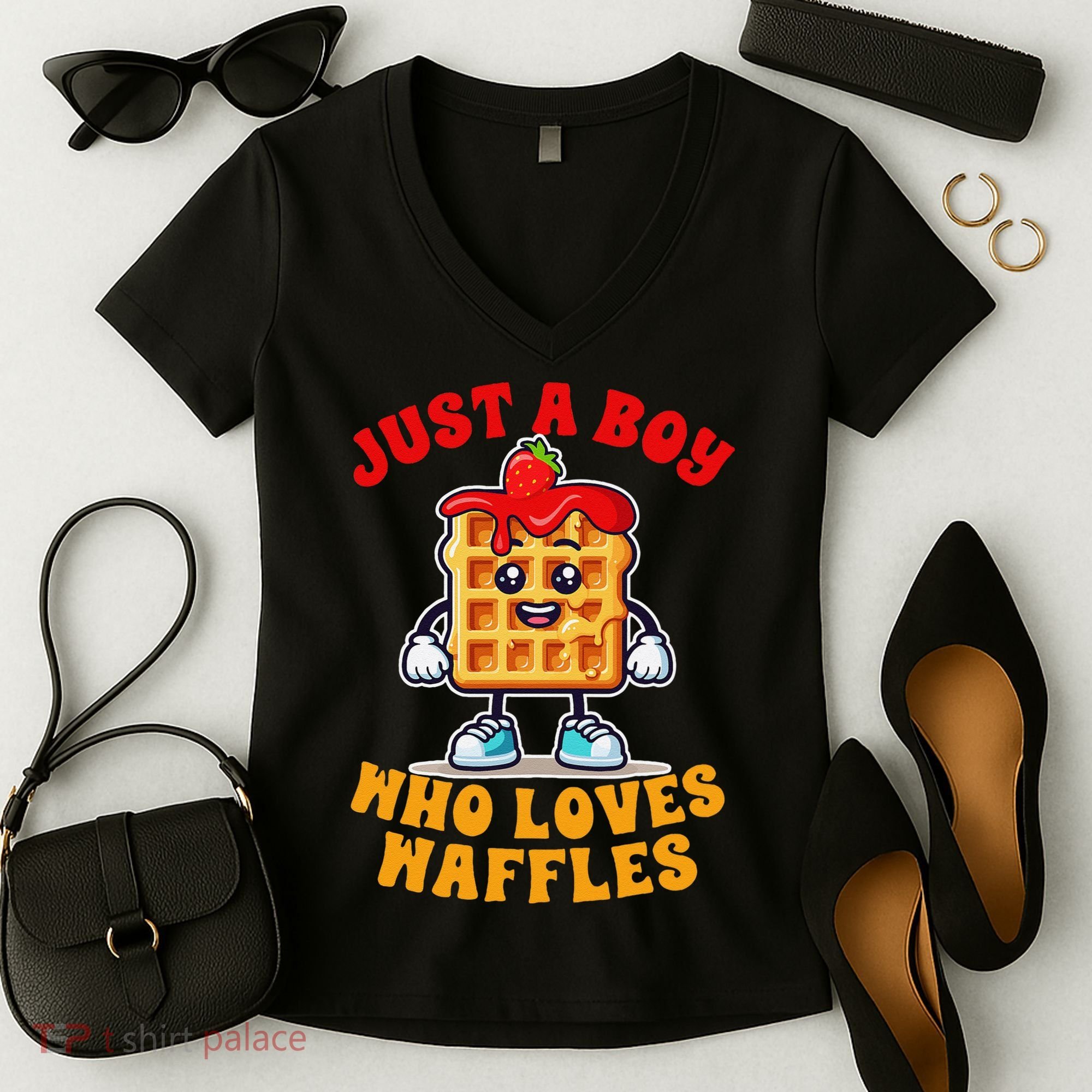 Waffle Lover Waffle Squad Foodie Just A Boy Loves Waffles Women's V-Neck T-Shirt