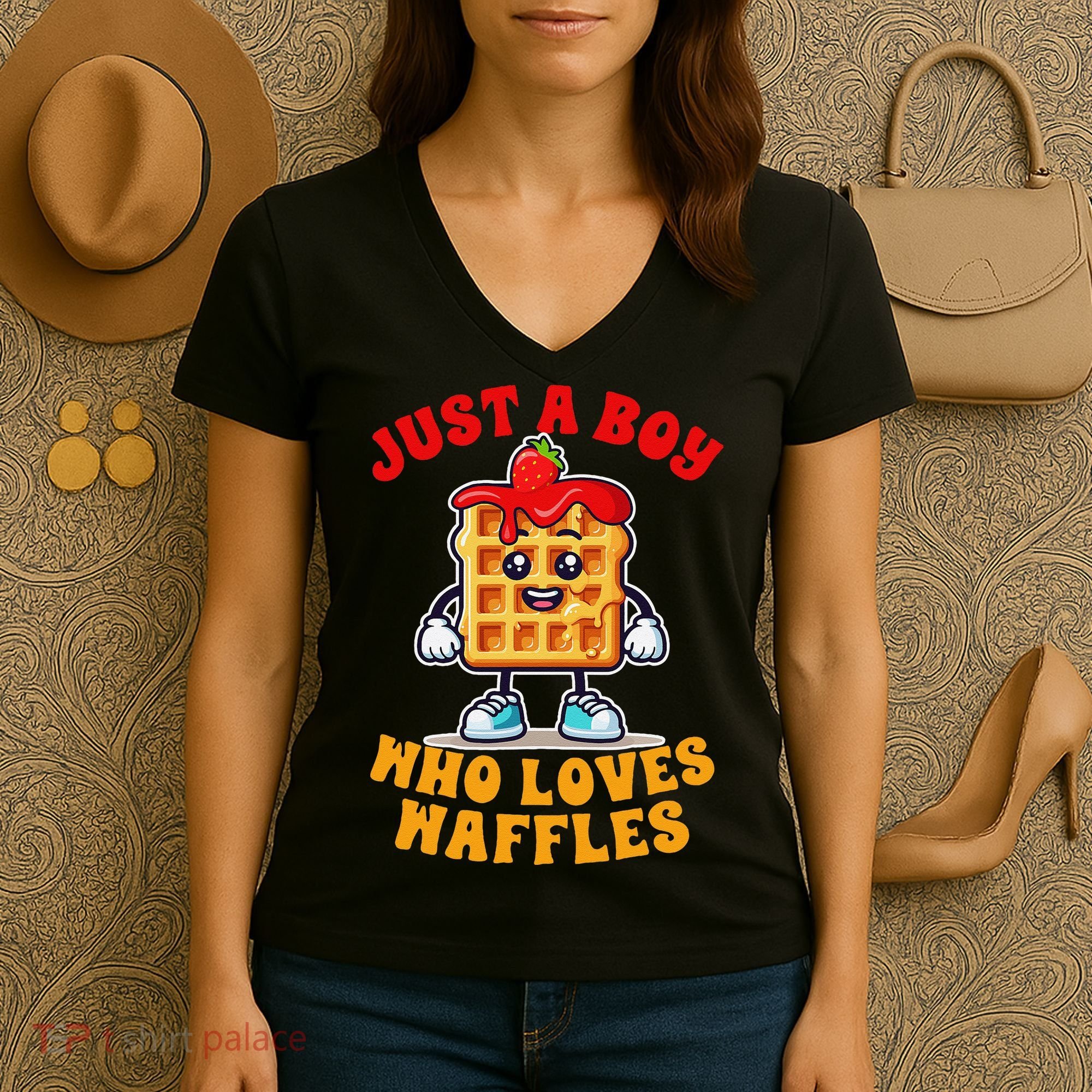 Waffle Lover Waffle Squad Foodie Just A Boy Loves Waffles Women's V-Neck T-Shirt