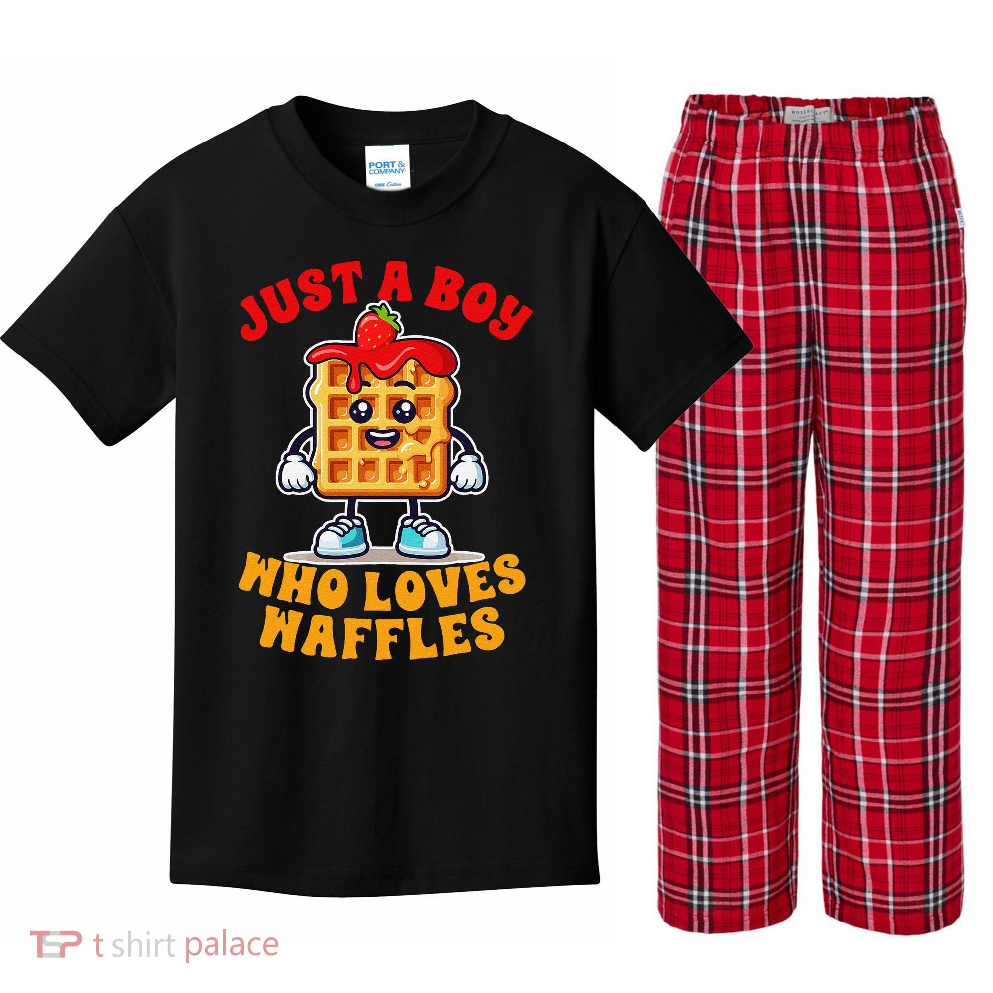 Waffle Lover Waffle Squad Foodie Just A Boy Loves Waffles Kids Plaid Pajama Set