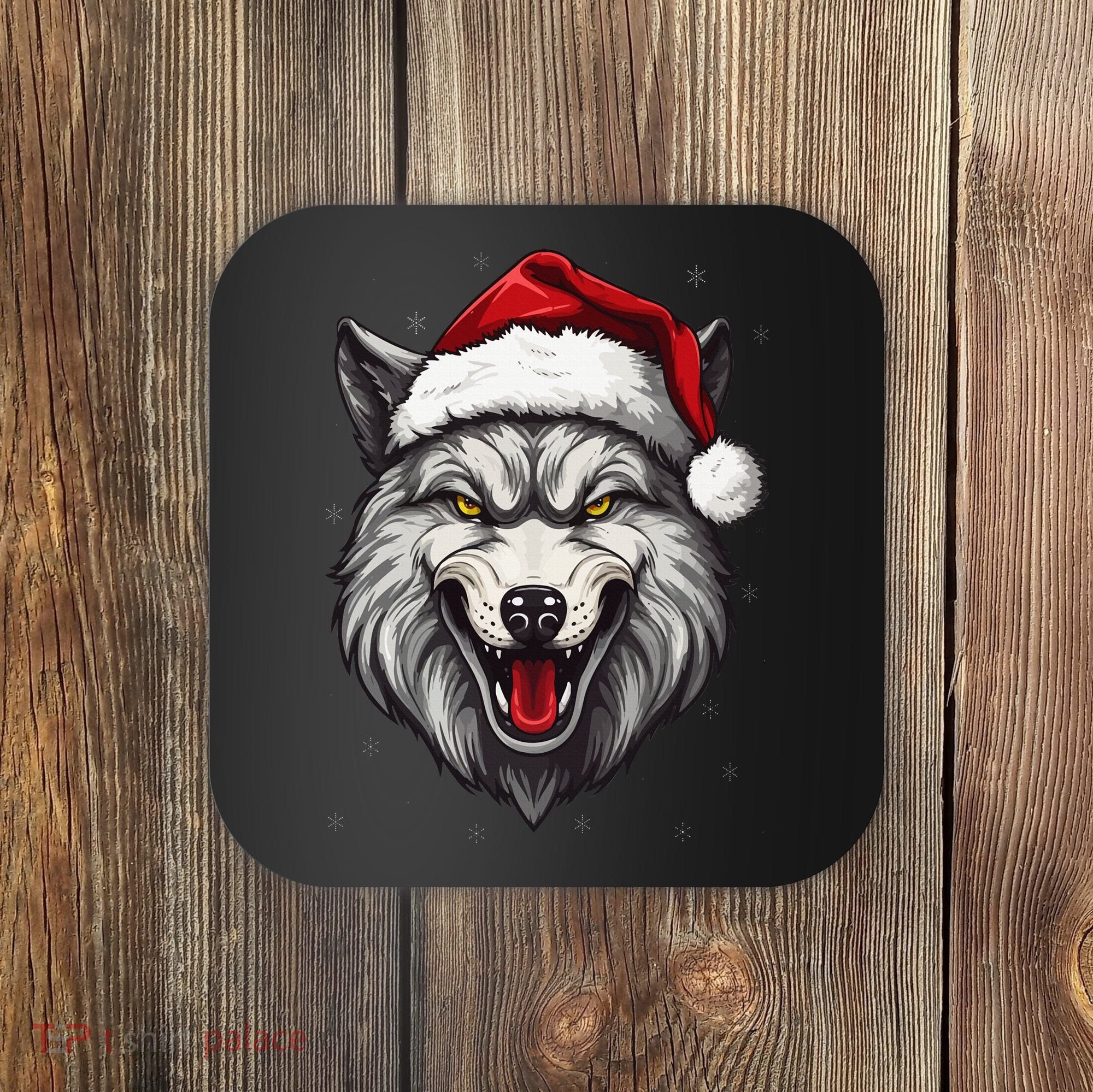 Wolf Lover Xmas Holiday Santa Wolf Christmas Coaster