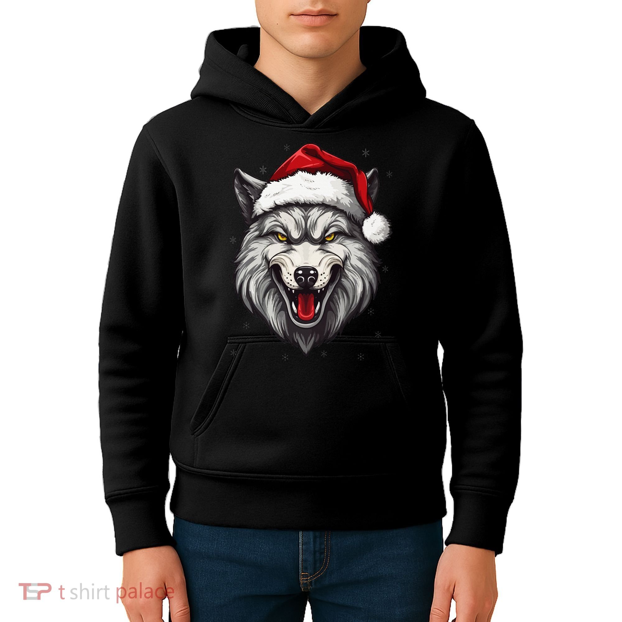 Wolf Lover Xmas Holiday Santa Wolf Christmas Kids Hoodie