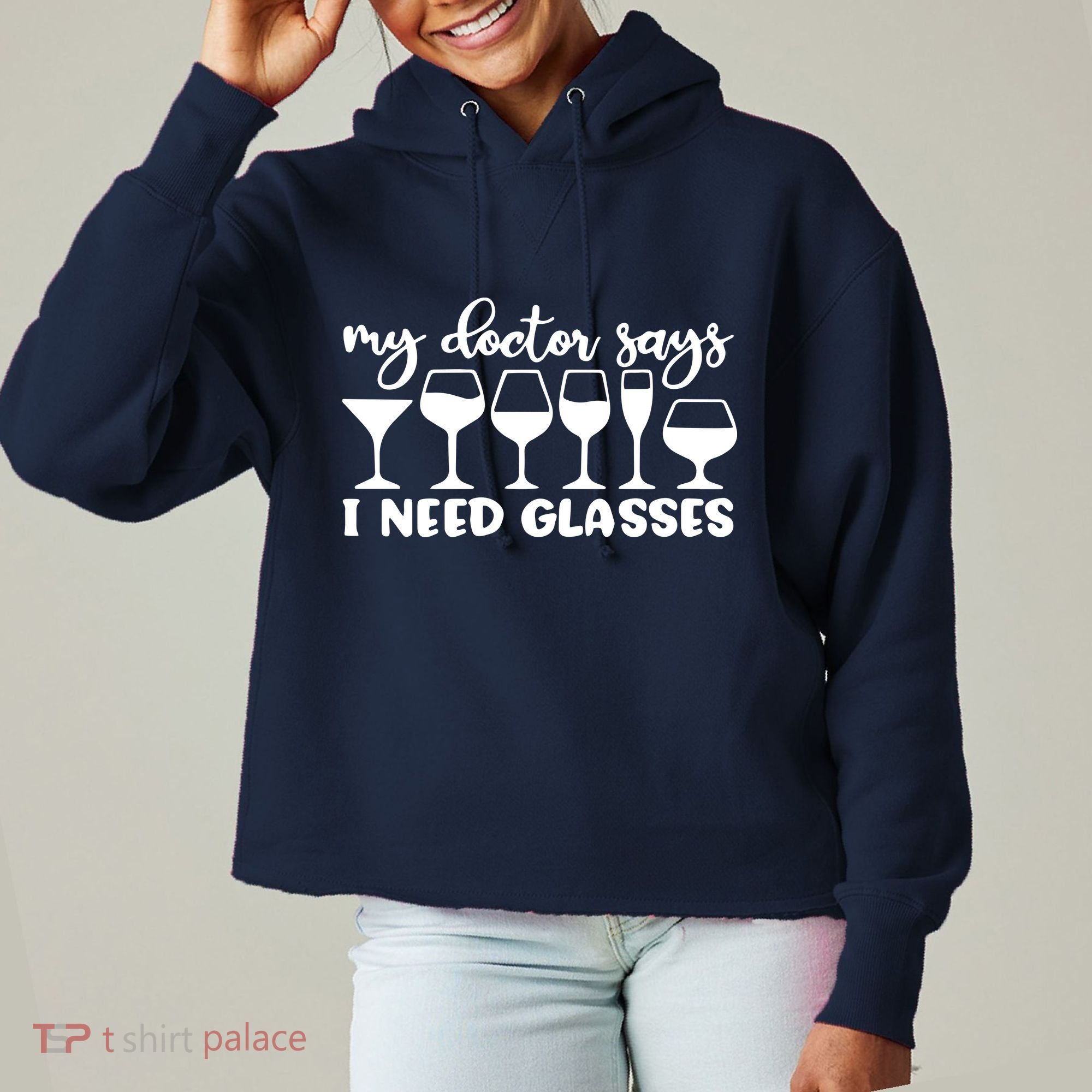 Womens My Doctor Says I Need Glasses Funny Drinking Wine Lover Ladies Heavyweight Boxy Pullover Hoodie
