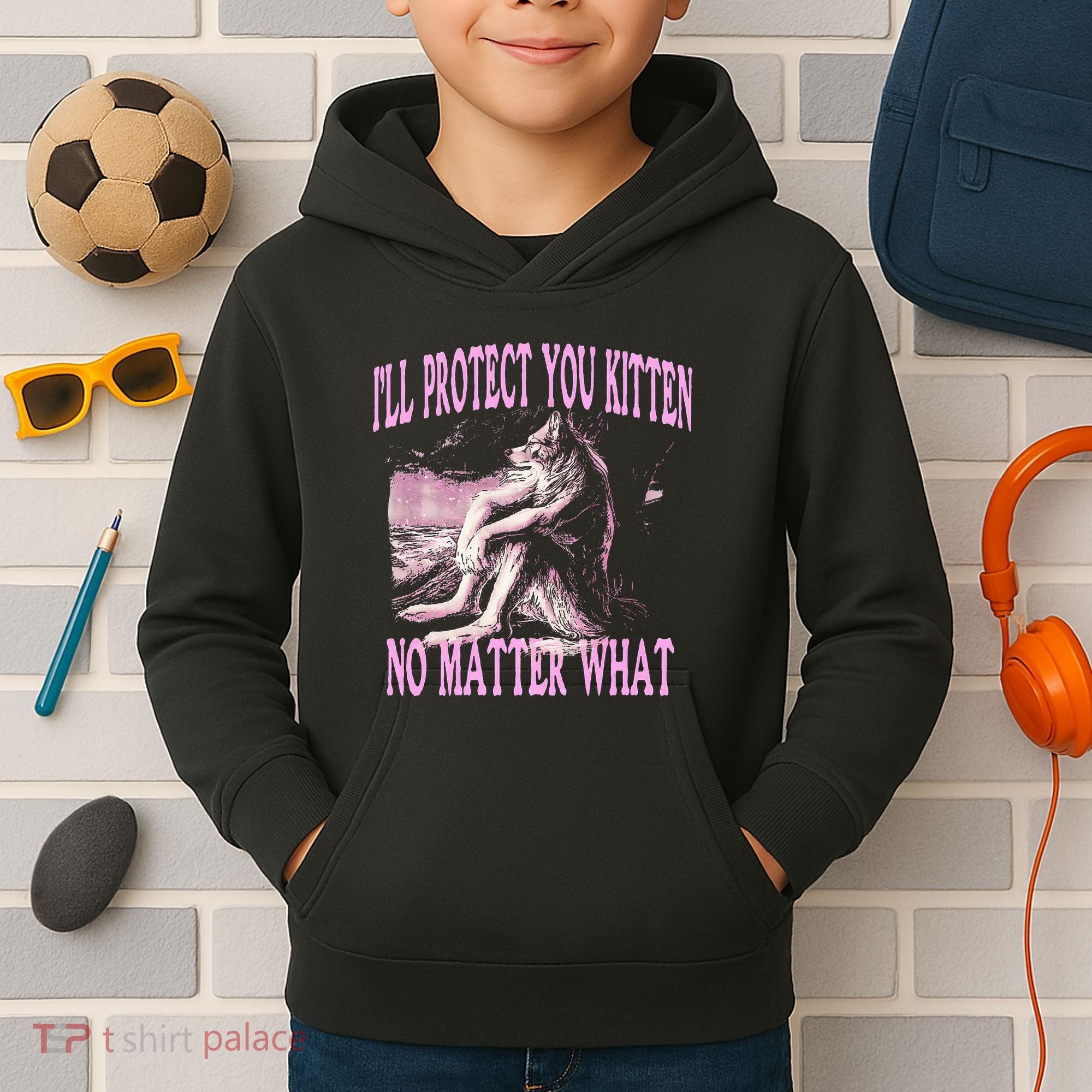 Wolf Meme Funny Ill Protect You Kitten No Matter What Kids Hoodie