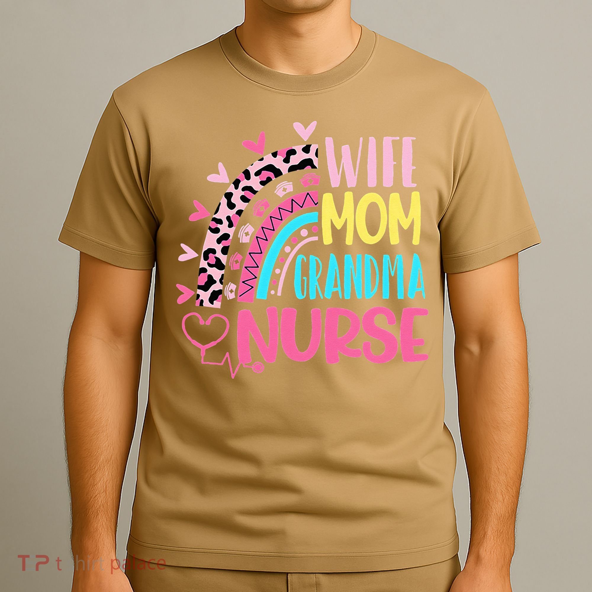 Wife Mom Grandma Nurse Mother Day Nurses Day Leopard Rainbow T-Shirt