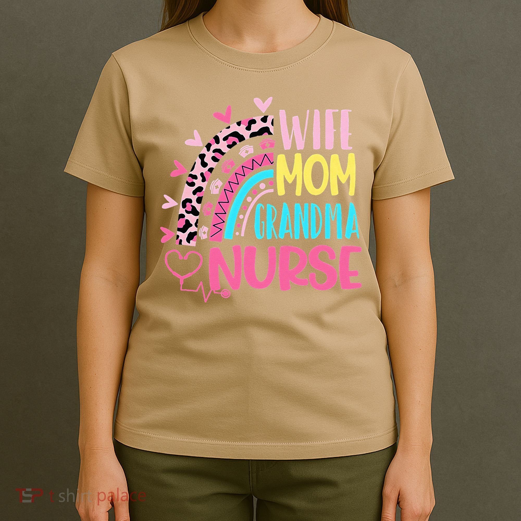 Wife Mom Grandma Nurse Mother Day Nurses Day Leopard Rainbow T-Shirt