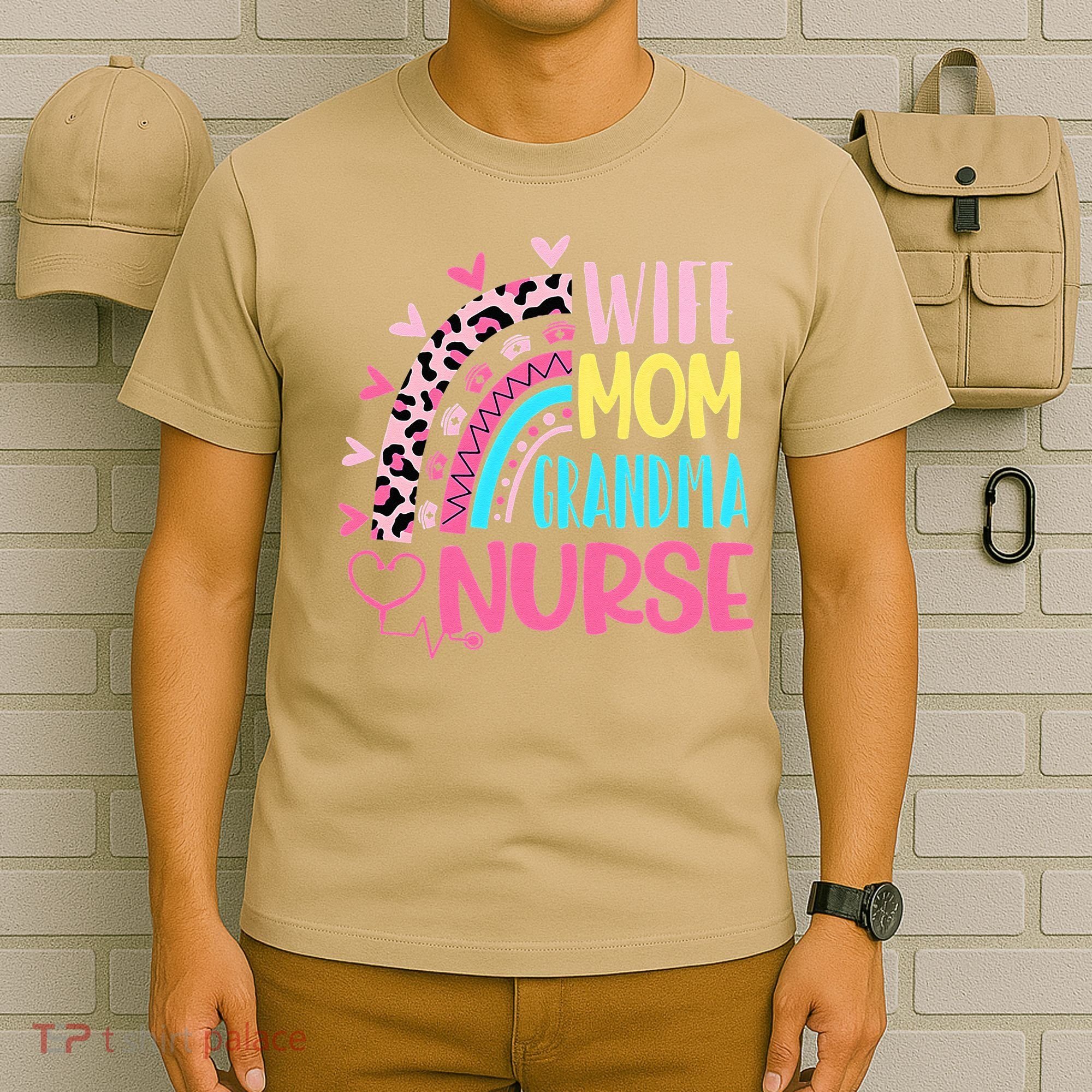 Wife Mom Grandma Nurse Mother Day Nurses Day Leopard Rainbow T-Shirt