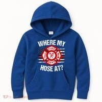 Where My Hose At Firefighter Thin Red Line Flag Fire Gift Kids Hoodie thumb 0