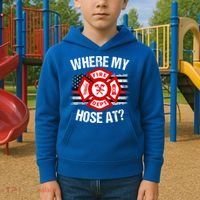 Where My Hose At Firefighter Thin Red Line Flag Fire Gift Kids Hoodie thumb 2